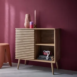 Credenza scandinava effetto legno e anta scorrevole scanalata, 80cm