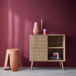 Credenza scandinava effetto legno e anta scorrevole scanalata, 80cm