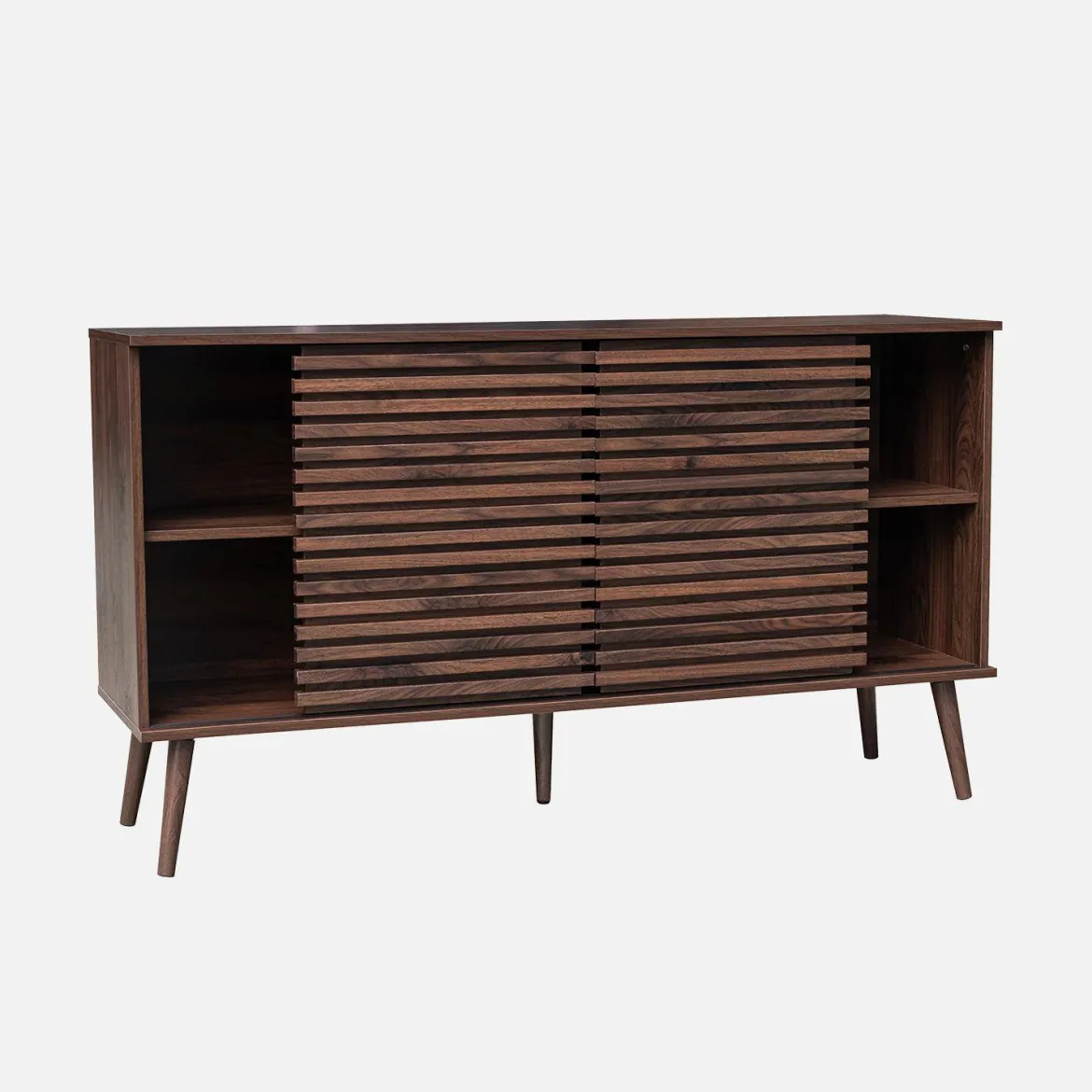 Credenza scandinava in legno con 2 ante scorrevoli scanalate, 140cm