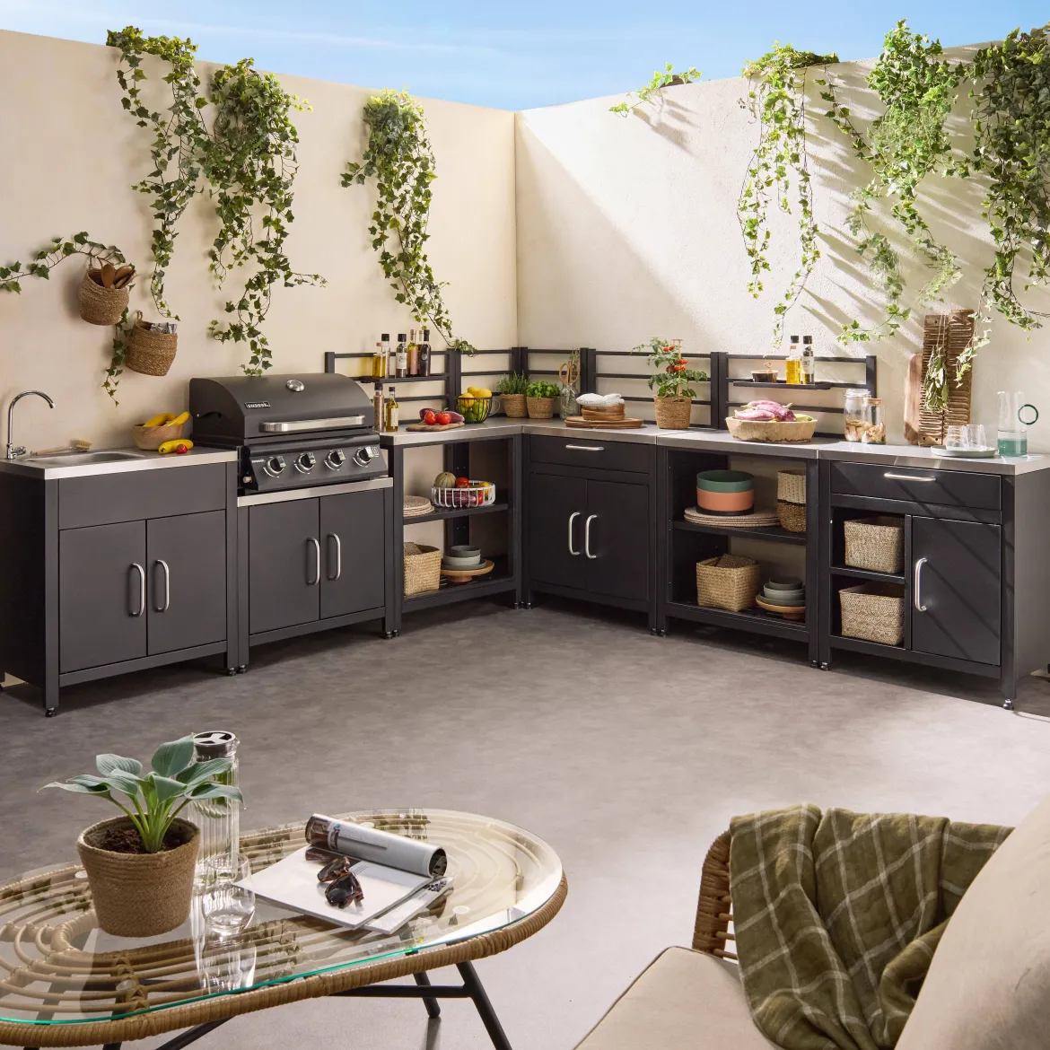 Cucina da esterno, 7 moduli e barbecue a gas, 4 bruciatori