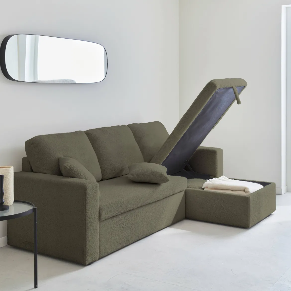 Divano letto angolare reversibile in bouclé, 3 posti