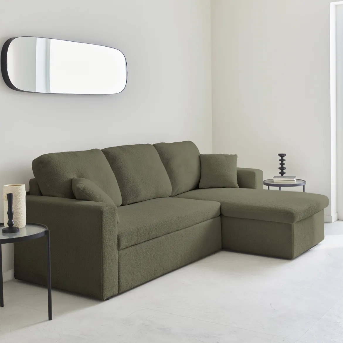 Divano letto angolare reversibile in bouclé, 3 posti
