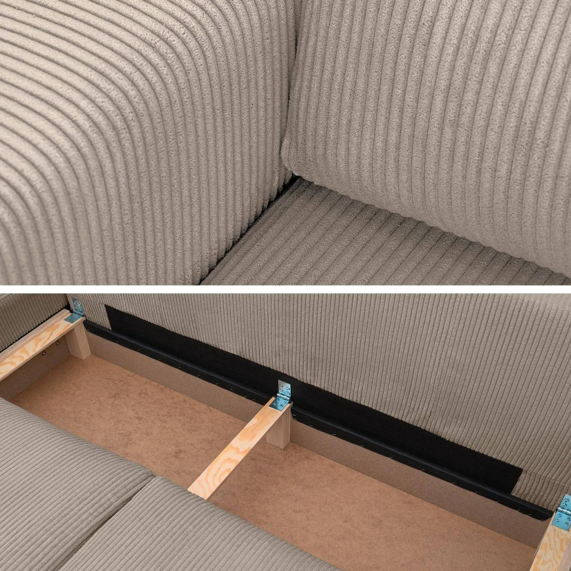 Divano letto angolare reversibile con contenitore in velluto a coste, da 3 a 5 posti