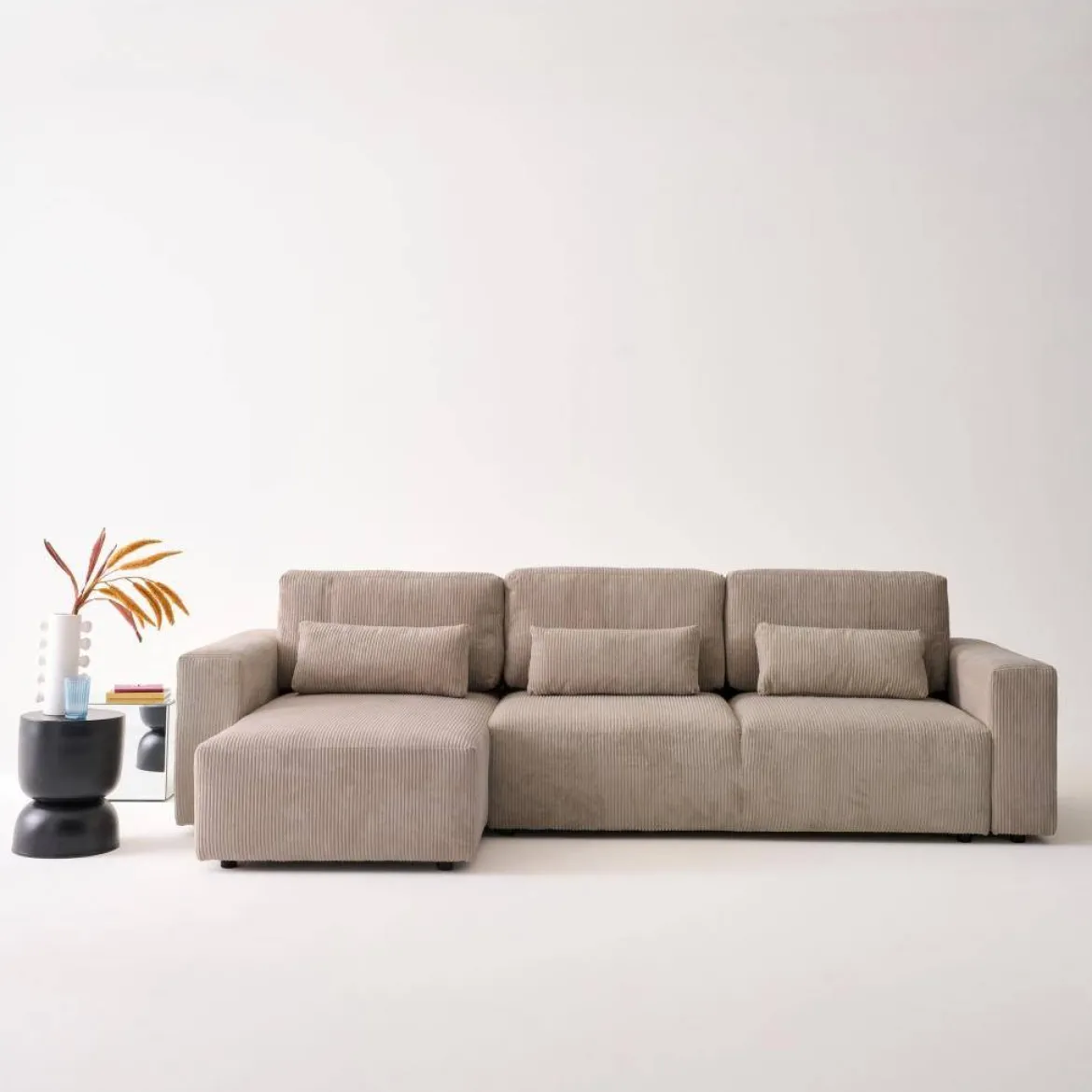 Divano letto angolare reversibile con contenitore in velluto a coste, da 3 a 5 posti
