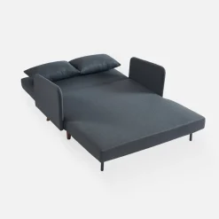 Divano letto clic-clac in tessuto con gambe in legno, 2 posti