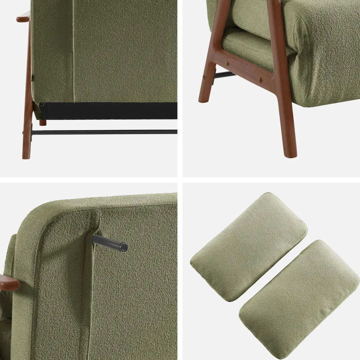 Divano letto convertibile 2 posti in legno di hevea tinto noce chiaro e tessuto bouclé