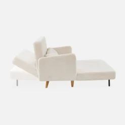 Divano letto in bouclé con gambe in legno, 2 posti