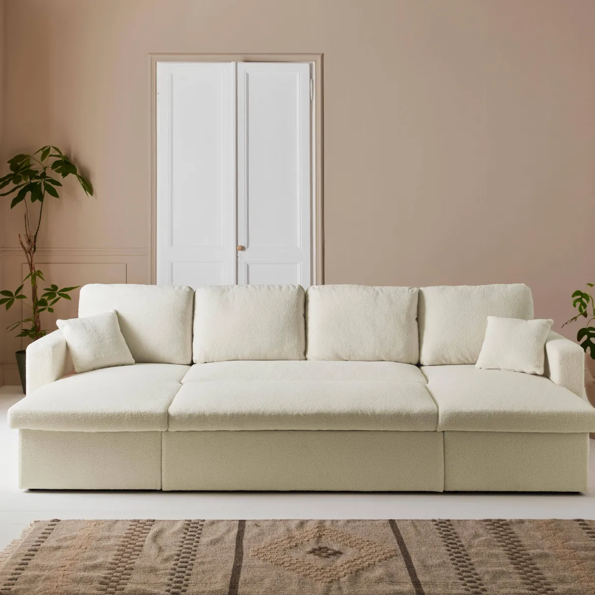 Divano letto panoramico in tessuto bouclé, 4 posti
