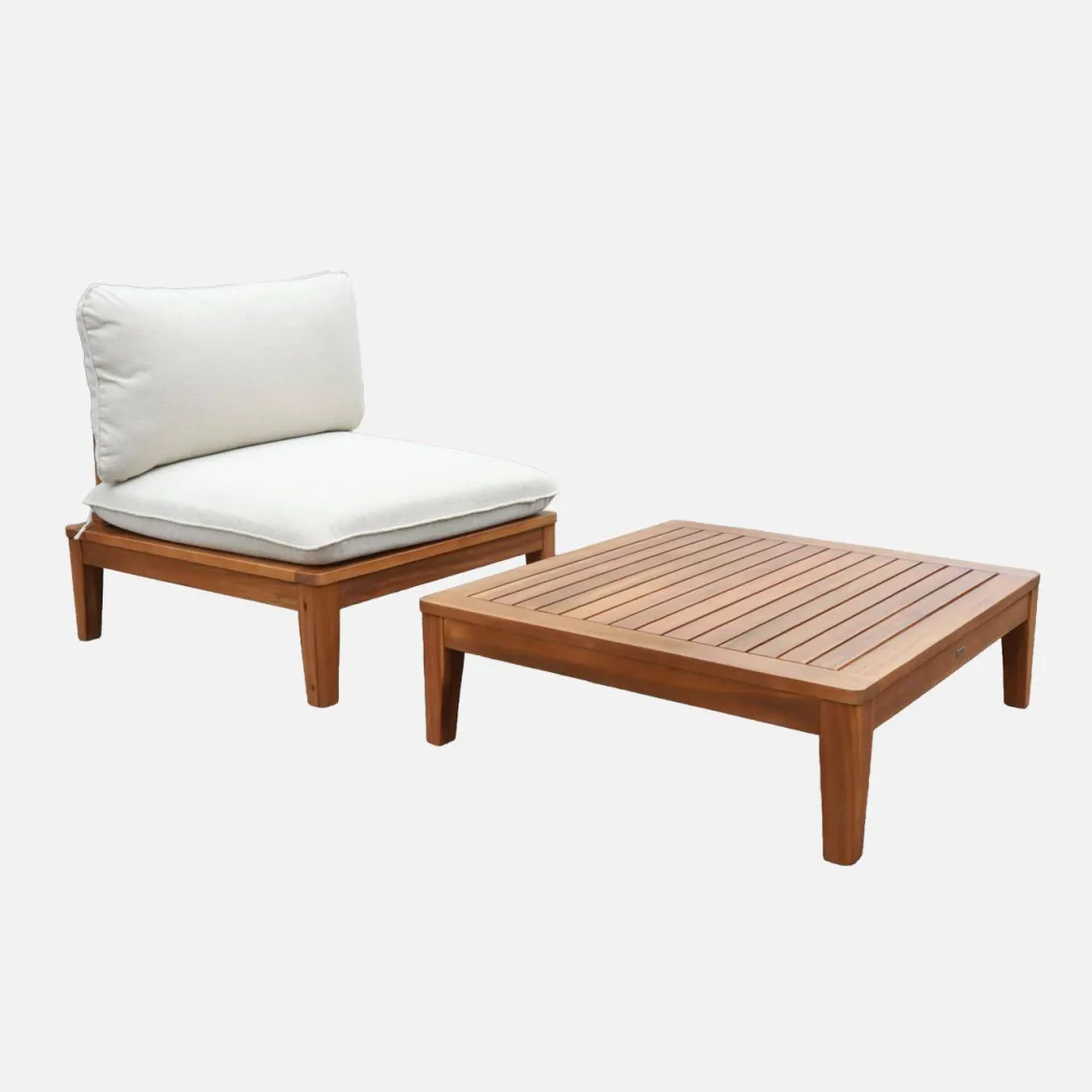 Divano modulare da giardino con tavolino in legno di acacia e bouclé, 1 posto