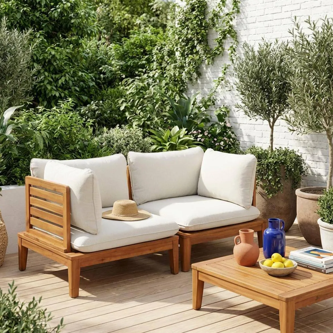 Divano modulare da giardino in legno di acacia e bouclé, 2 posti