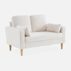Divano scandinavo in tessuto bouclé e legno, 2 posti