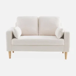 Divano scandinavo in tessuto bouclé e legno, 2 posti