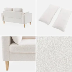 Divano scandinavo in tessuto bouclé e legno, 2 posti