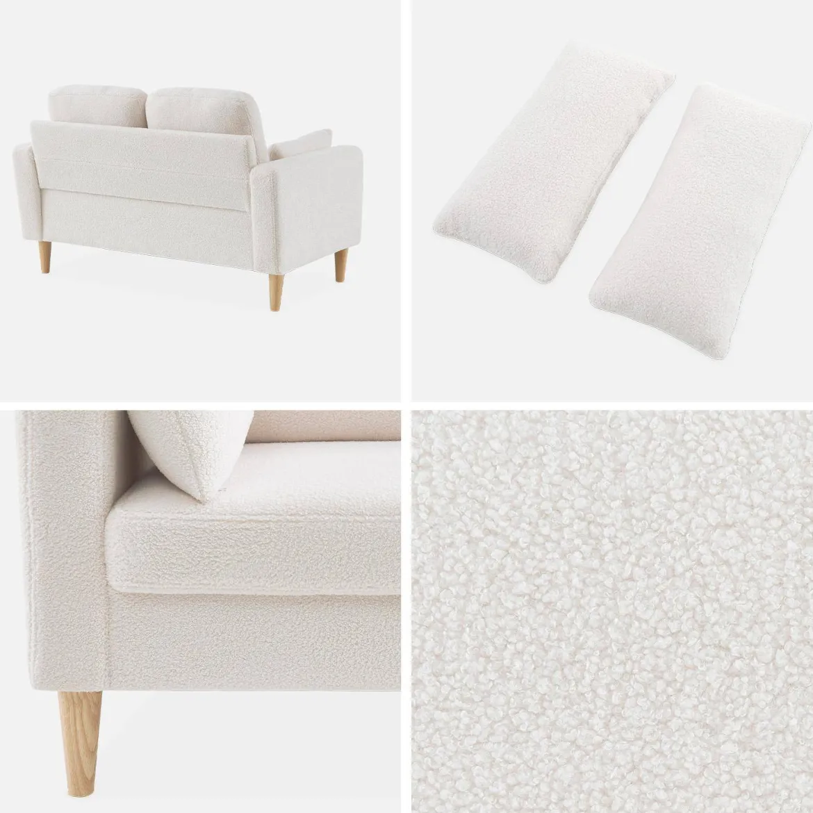 Divano scandinavo in tessuto bouclé e legno, 2 posti