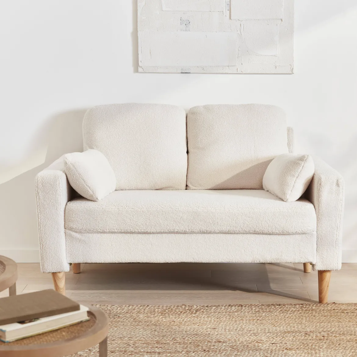 Divano scandinavo in tessuto bouclé e legno, 2 posti