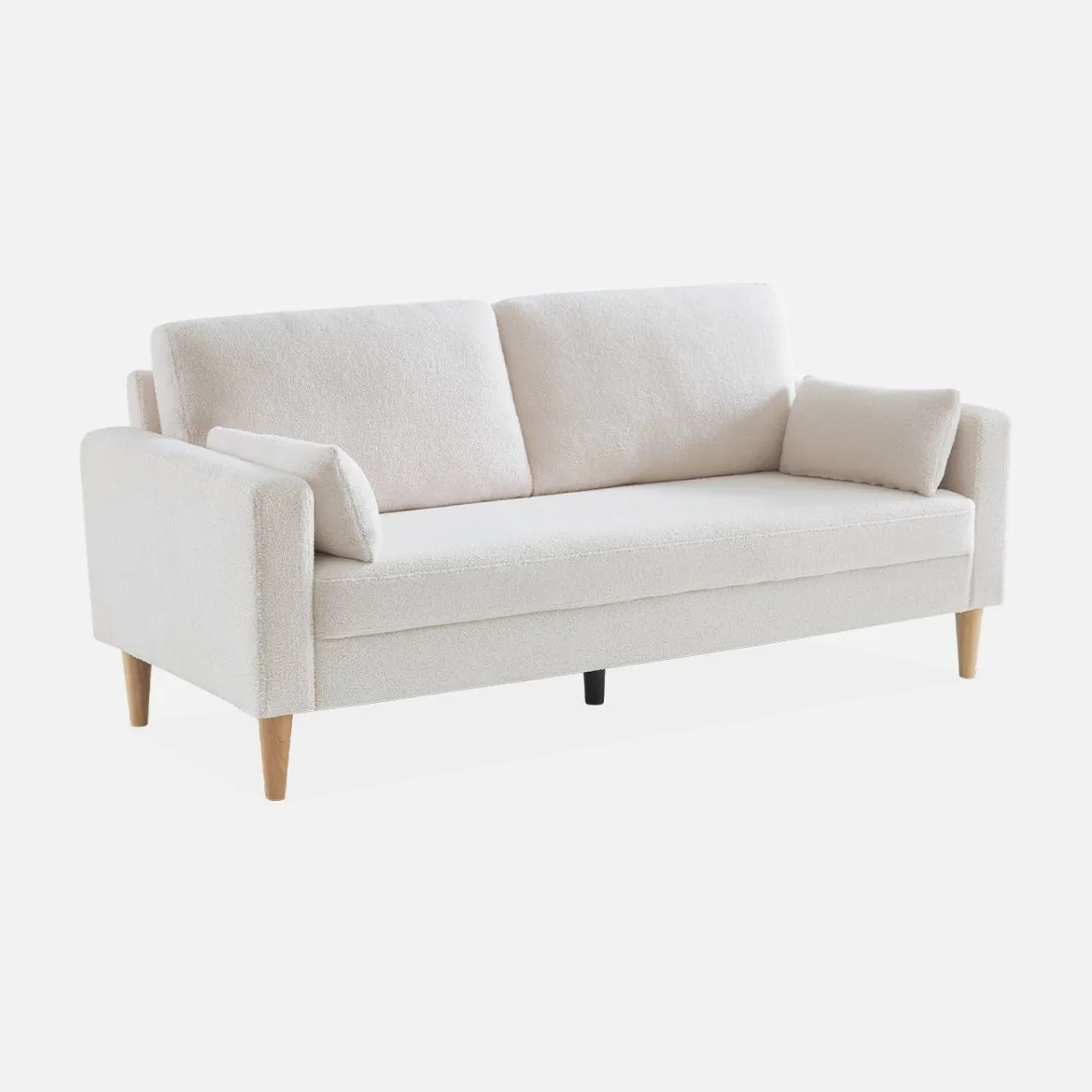 Divano stile scandinavo in legno e bouclé, 3 posti