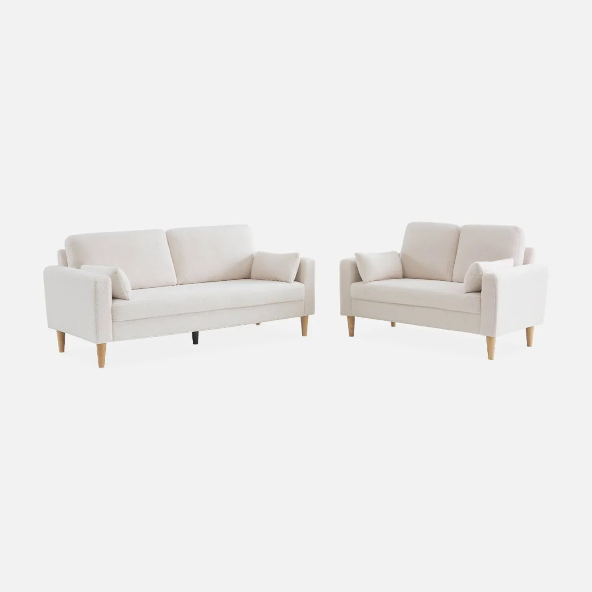 Divano stile scandinavo in legno e bouclé, 3 posti
