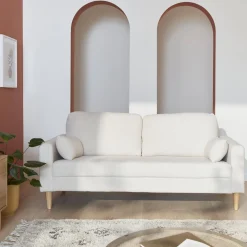 Divano stile scandinavo in legno e bouclé, 3 posti