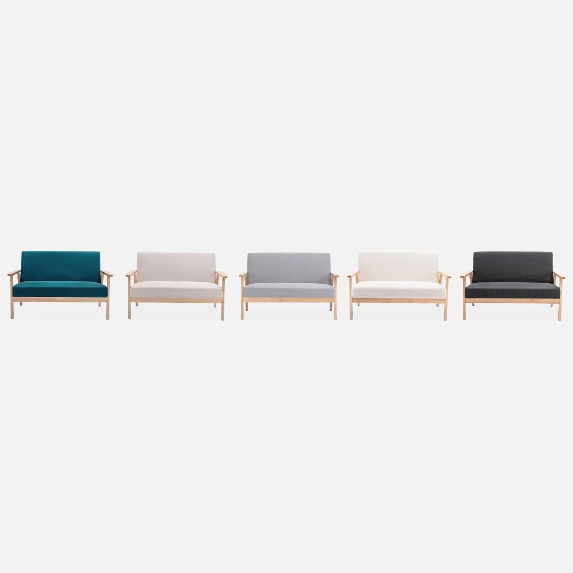 Divano stile scandinavo in legno e tessuto, 2 posti