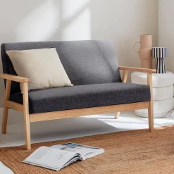 Divano stile scandinavo in legno e tessuto, 2 posti