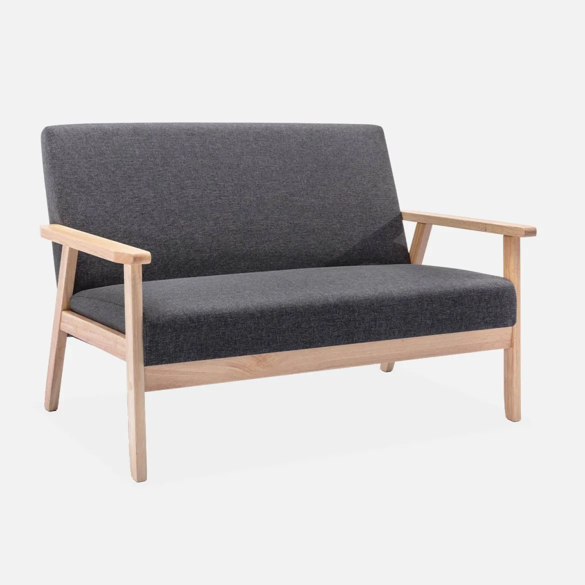 Divano stile scandinavo in legno e tessuto, 2 posti