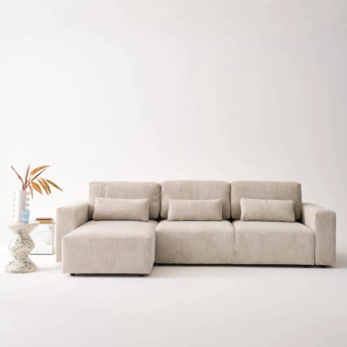 Divano letto angolare reversibile con contenitore in velluto a coste, da 3 a 5 posti