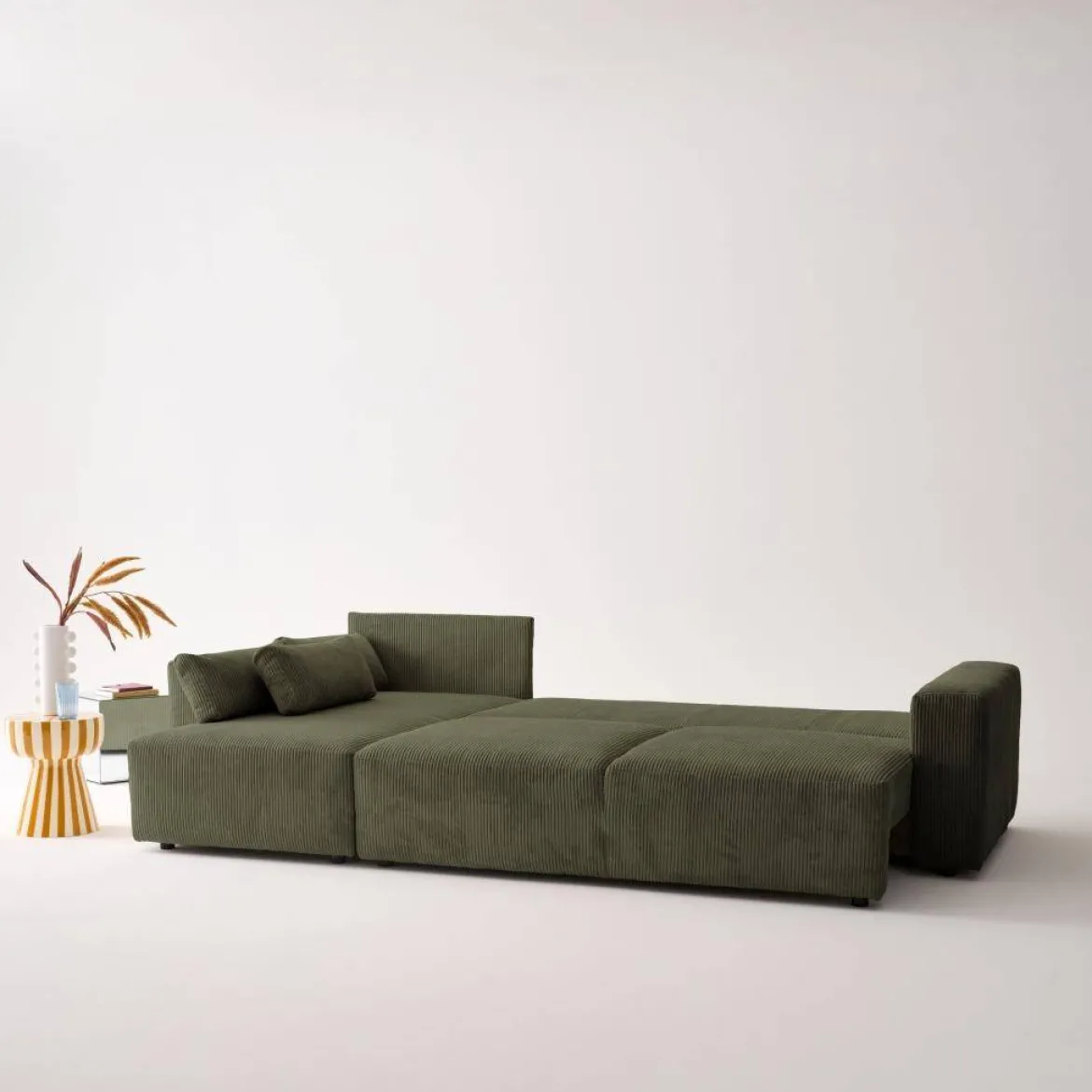 Divano letto angolare reversibile con contenitore in velluto a coste, da 3 a 5 posti