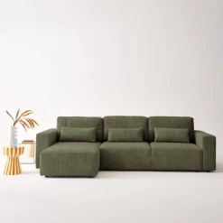 Divano letto angolare reversibile con contenitore in velluto a coste, da 3 a 5 posti