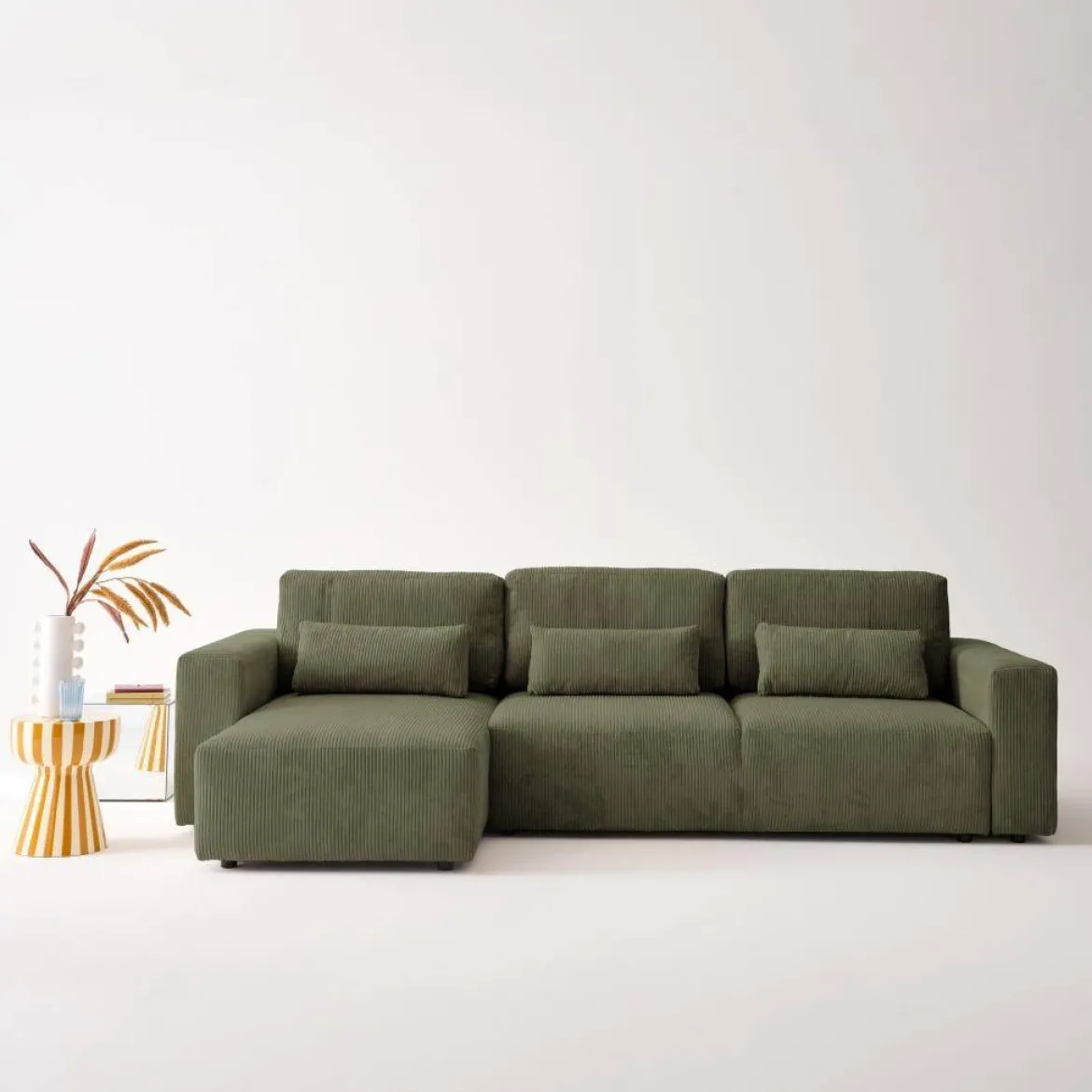 Divano letto angolare reversibile con contenitore in velluto a coste, da 3 a 5 posti