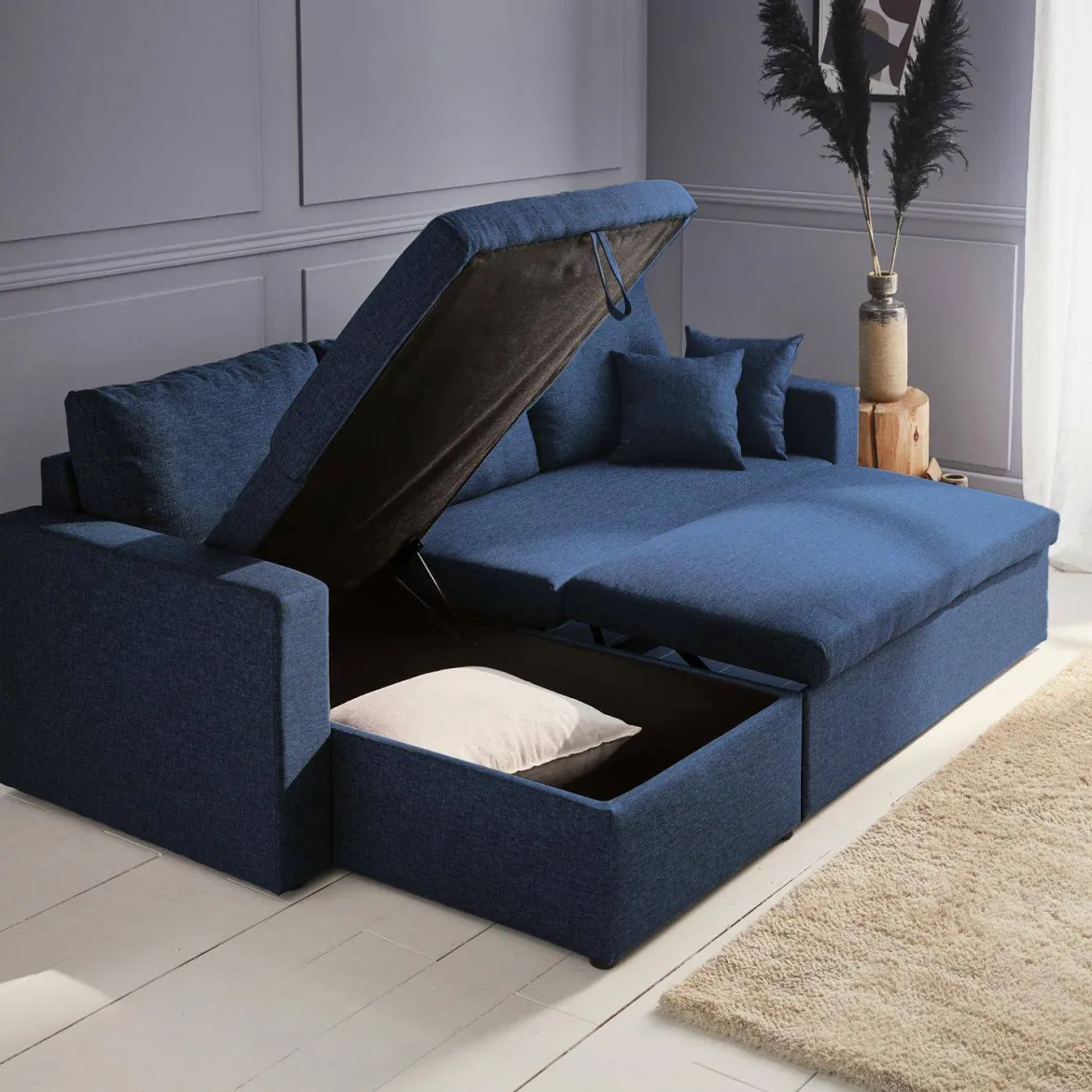 Divano letto angolare reversibile con contenitore, 3 posti
