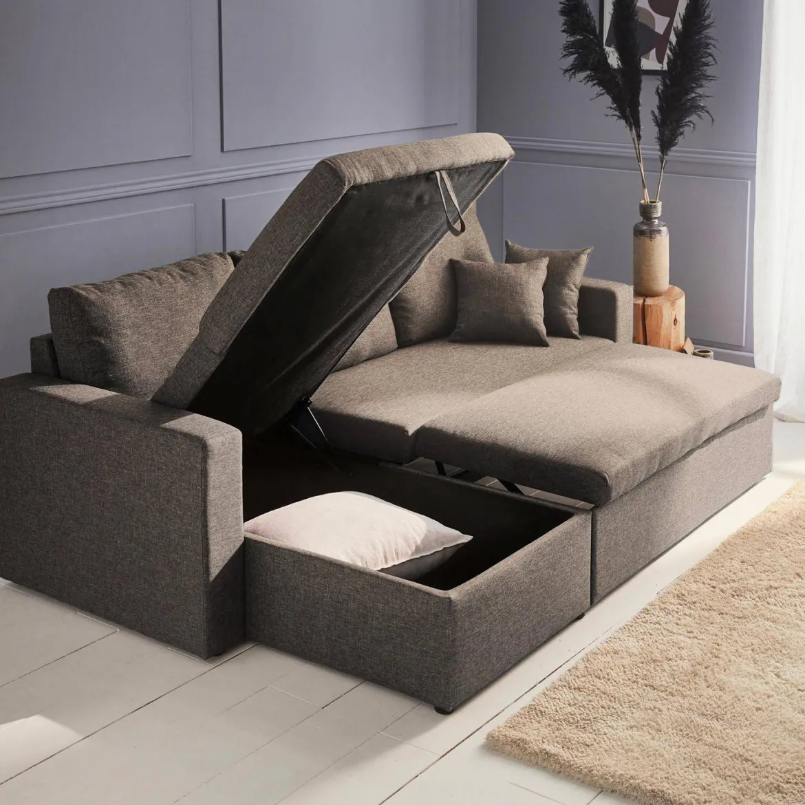 Divano letto angolare reversibile con contenitore, 3 posti