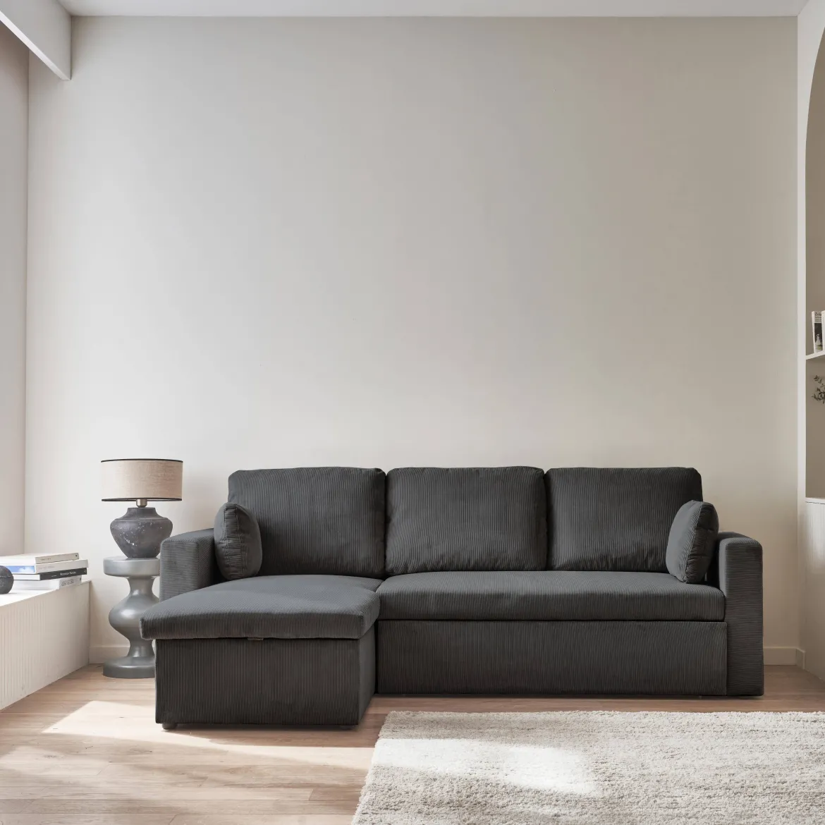 Divano letto angolare reversibile in velluto a coste, 3 posti