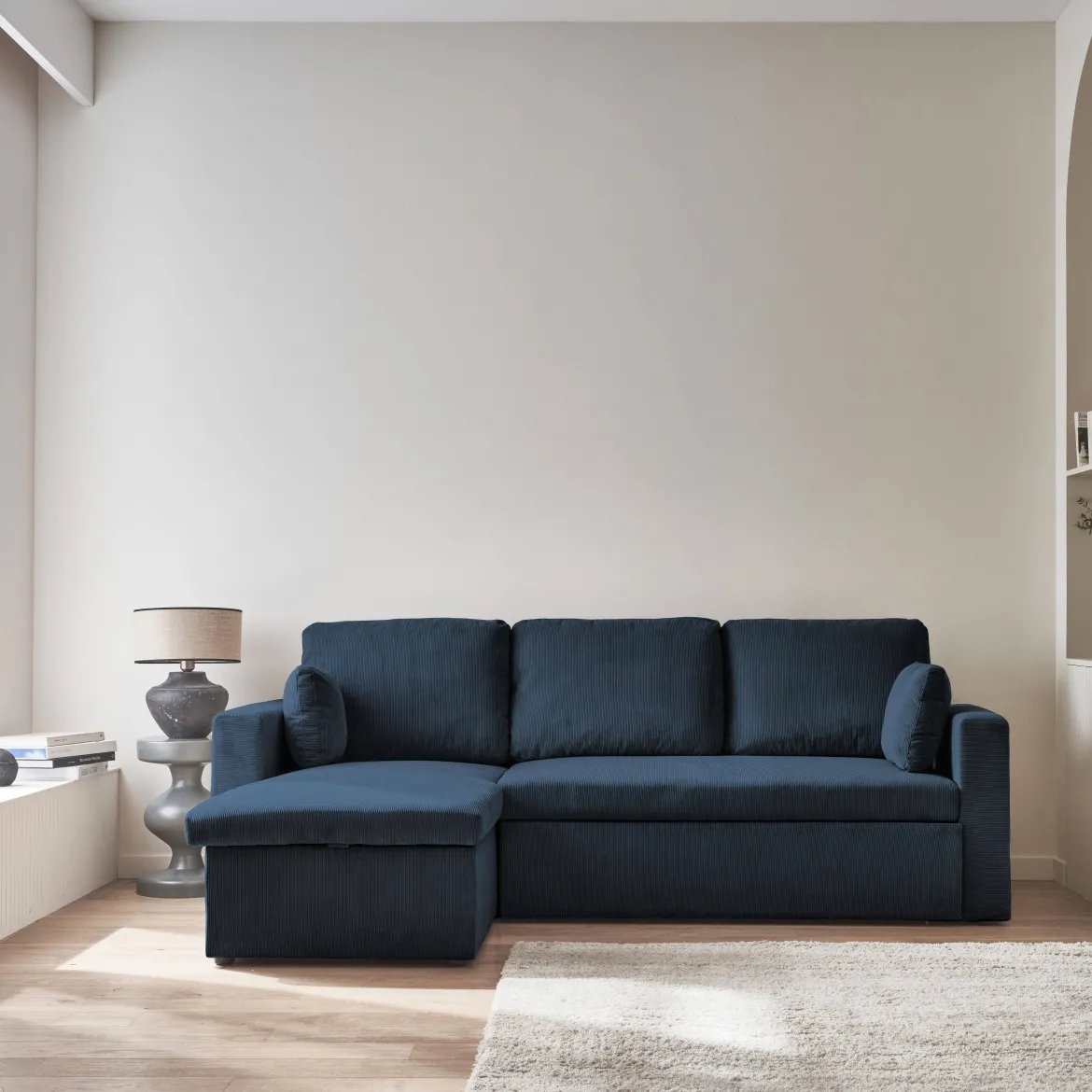Divano letto angolare reversibile in velluto a coste, 3 posti