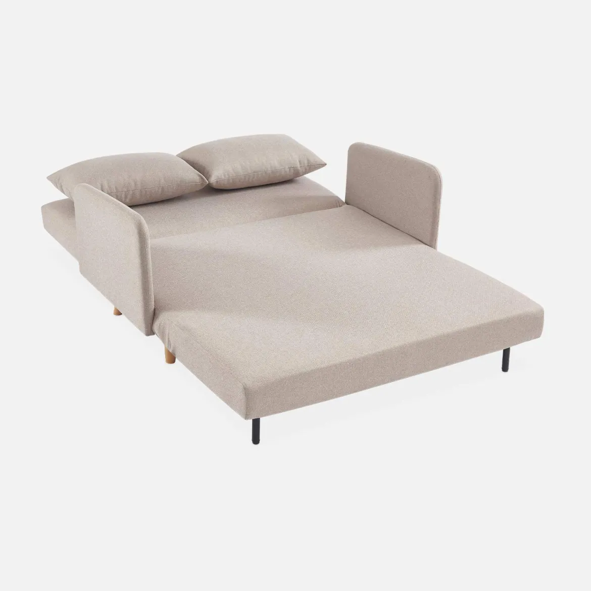 Divano letto clic-clac in tessuto con gambe in legno, 2 posti
