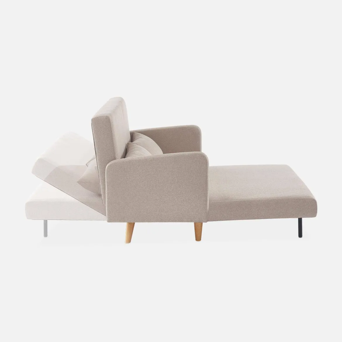 Divano letto clic-clac in tessuto con gambe in legno, 2 posti