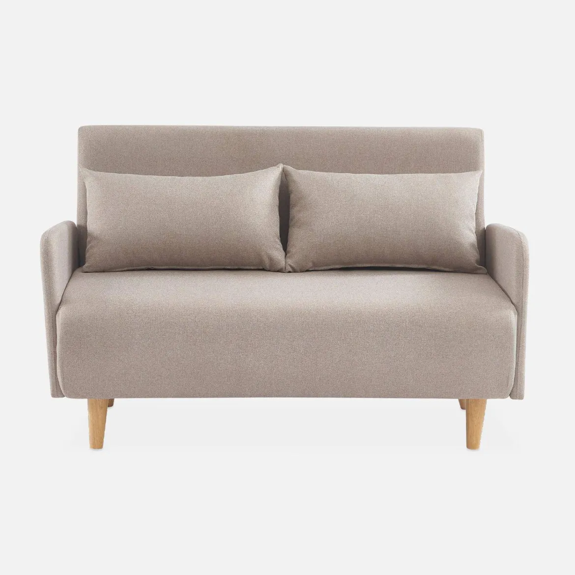 Divano letto clic-clac in tessuto con gambe in legno, 2 posti