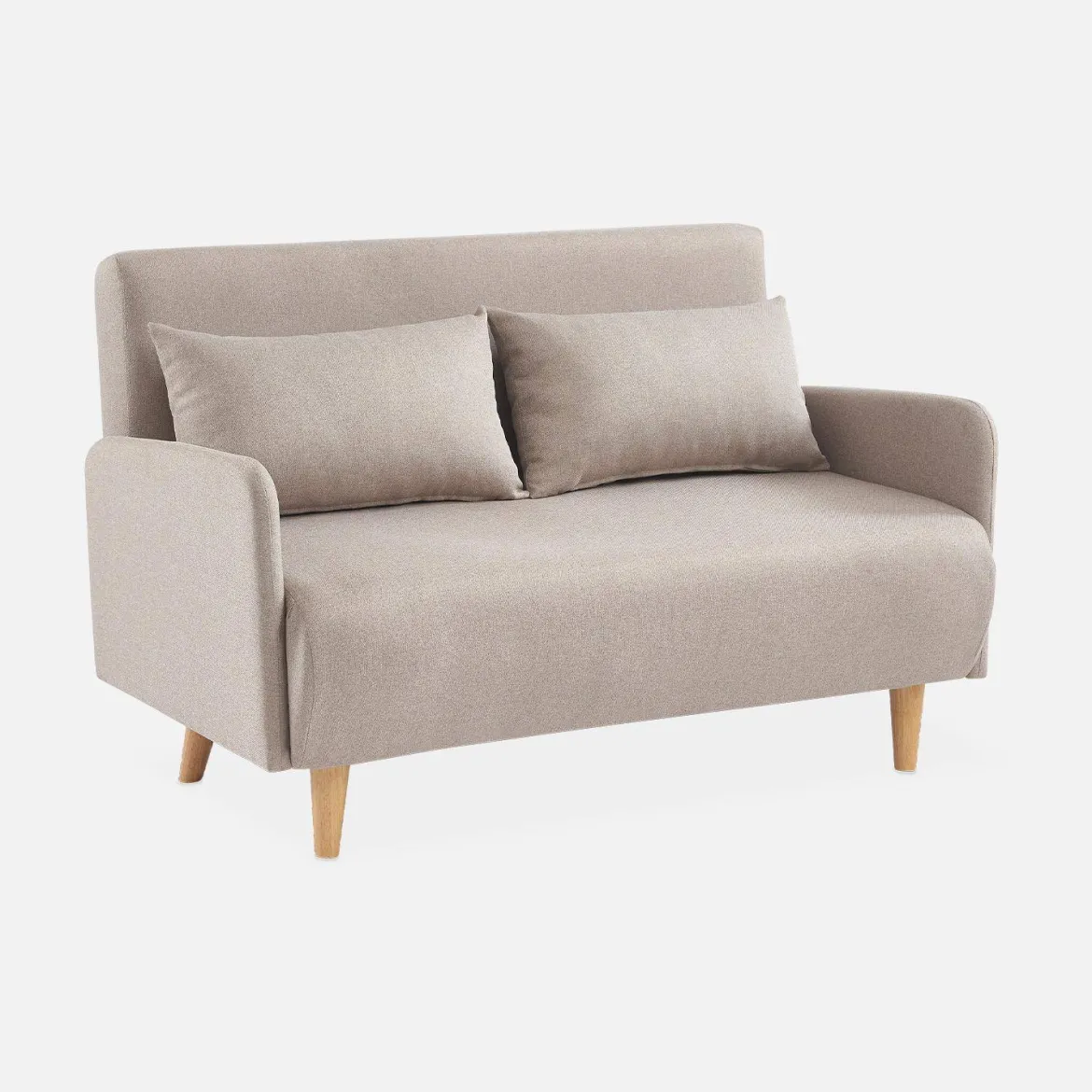 Divano letto clic-clac in tessuto con gambe in legno, 2 posti
