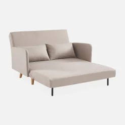Divano letto clic-clac in tessuto con gambe in legno, 2 posti