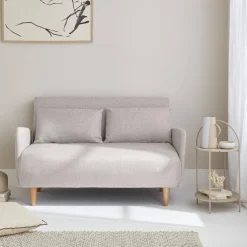 Divano letto clic-clac in tessuto con gambe in legno, 2 posti