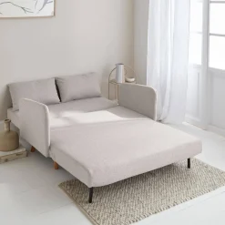 Divano letto clic-clac in tessuto con gambe in legno, 2 posti