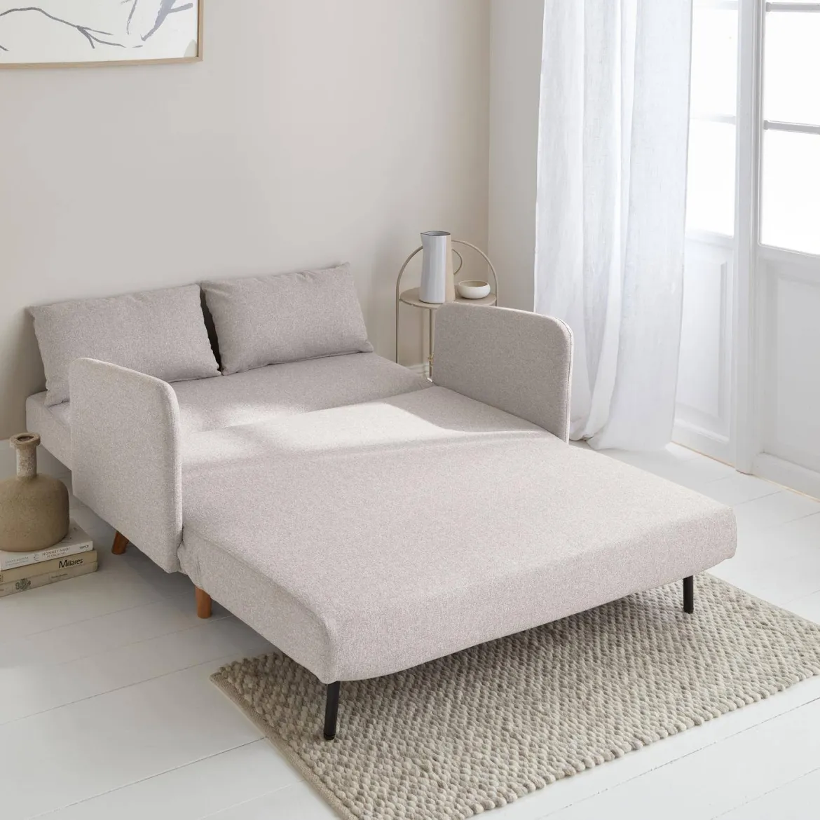 Divano letto clic-clac in tessuto con gambe in legno, 2 posti