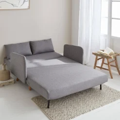 Divano letto clic-clac in tessuto con gambe in legno, 2 posti