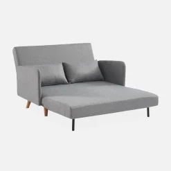 Divano letto clic-clac in tessuto con gambe in legno, 2 posti