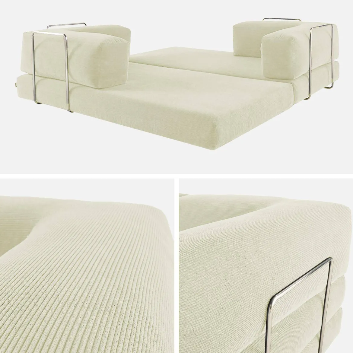 Divano letto futon in velluto a coste e struttura cromata
