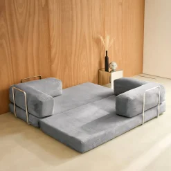 Divano letto futon in velluto a coste e struttura cromata