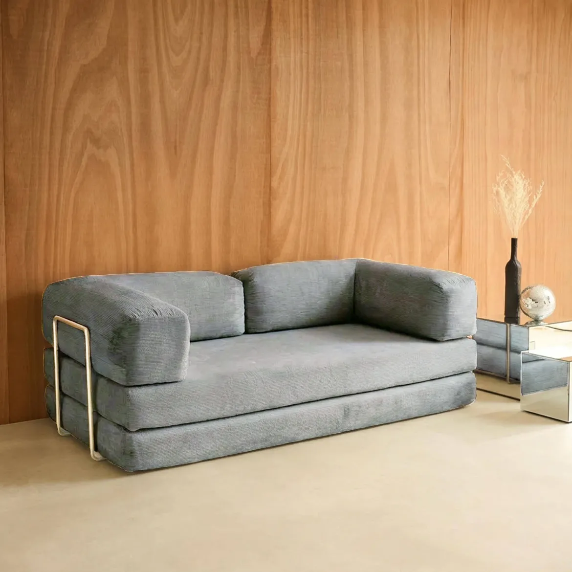 Divano letto futon in velluto a coste e struttura cromata