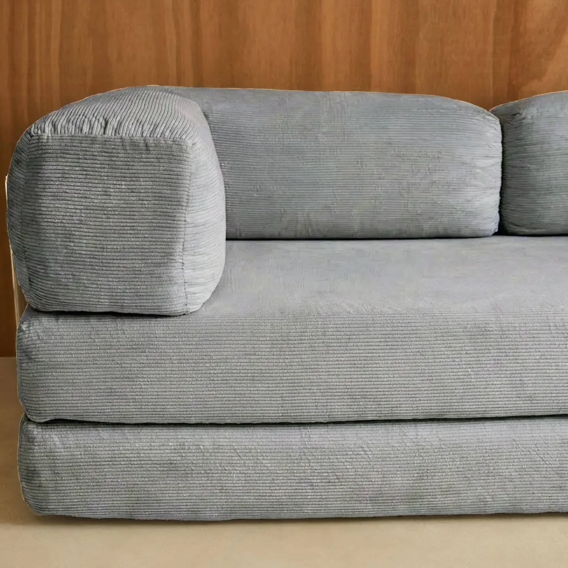 Divano letto futon in velluto a coste e struttura cromata