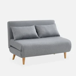 Divano letto in tessuto con gambe in legno, 2 posti