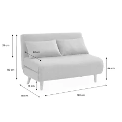 Divano letto in tessuto con gambe in legno, 2 posti