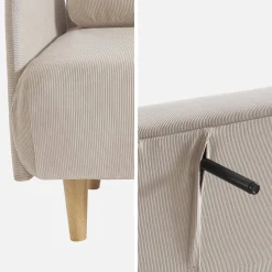 Divano letto in velluto a coste con gambe in legno, 2 posti